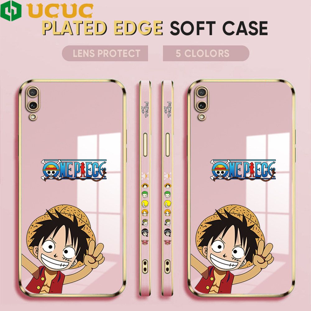 UCUC for Honor Y7 Pro 2019 Back Cover + Free Lanyard Wave Luffy Luxury 6D Plating Case Side Pattern Soft Silicone Square Phone Cases