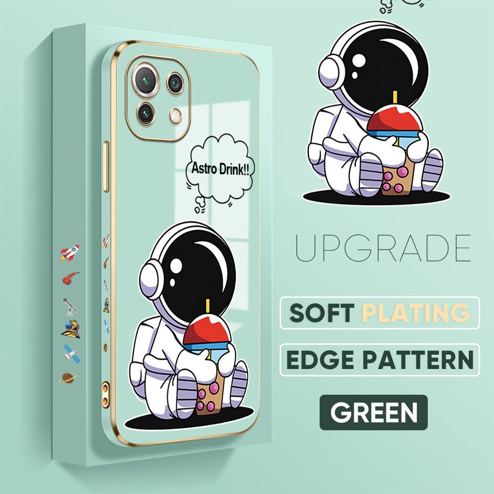 TA for Xiaomi 11 Lite / 11 Lite 5G / 11 Lite 5G NE Back Cover + Free Lanyard Cute Astronaut Luxury 6D Plating Case Side Pattern Soft Silicone Square Phone Cases