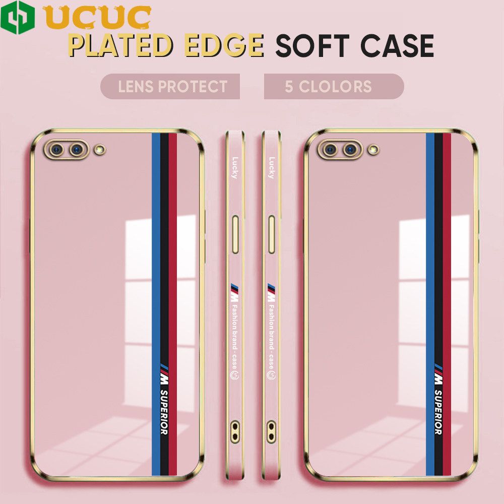 UCUC for OPPO A12E / A3S / Realme C1 Back Cover + Free Lanyard Track Sign Luxury 6D Plating Case Side Pattern Soft Silicone Square Phone Cases