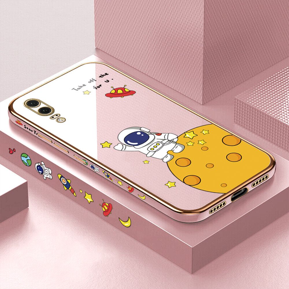 Luxury 6D Plating Case for Huawei P20 Cute Cartoon Happy Astronaut Side Pattern Back Cover Soft Silicone Square Frame Shiny Bling Phone Cases + Free Lanyard