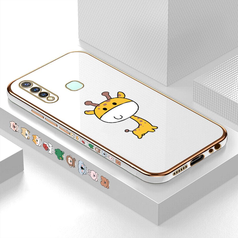 Luxury 6D Plating Case for Vivo Y19 Color Cute Giraffe Side Pattern Back Cover Soft Silicone Square Frame Shiny Bling Phone Cases + Free Lanyard