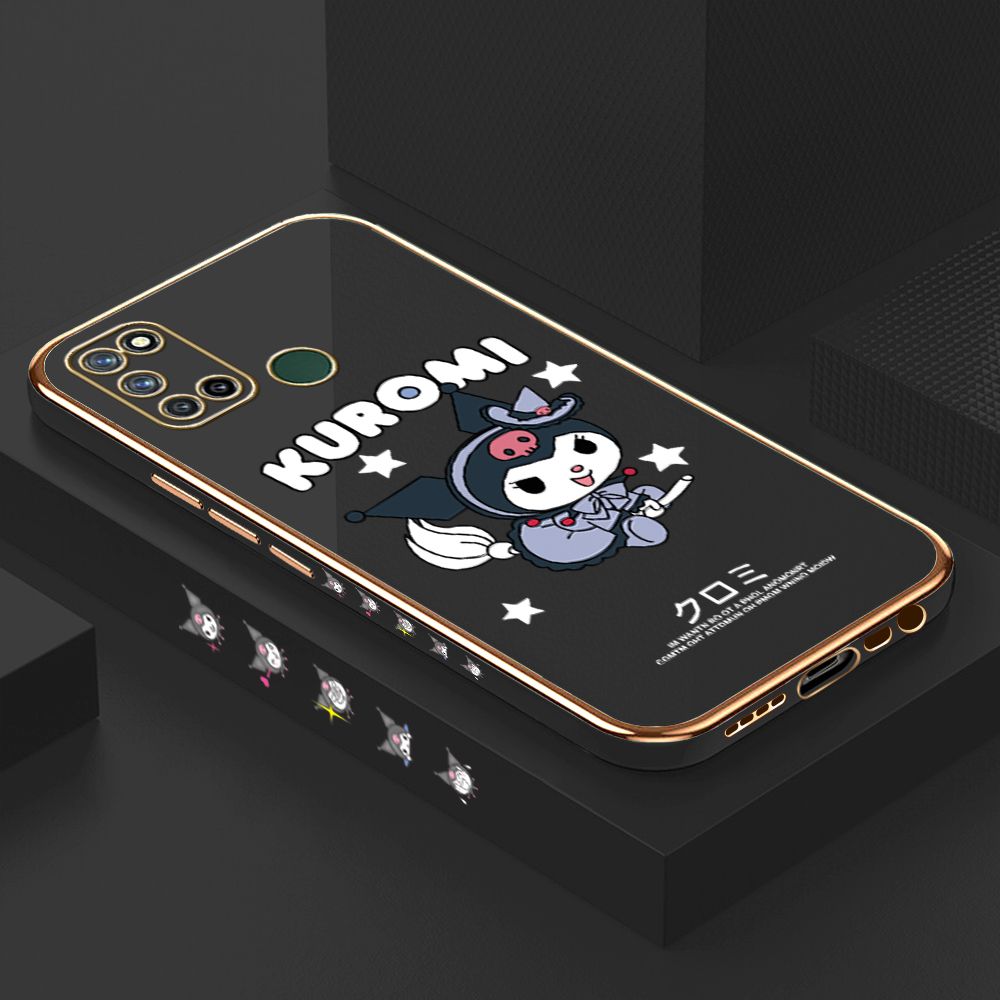 Luxury 6D Plating Case for Realme 7I C17 Cartoon Little Witch Side Pattern Back Cover Soft Silicone Square Phone Cases + Free Lanyard