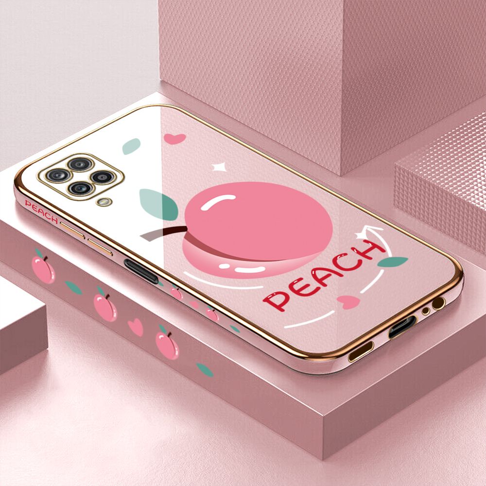 Luxury 6D Plating Case for Samsung A12 Cartoon Simple Peach Side Pattern Back Cover Soft Silicone Square Frame Shiny Bling Phone Cases + Free Lanyard