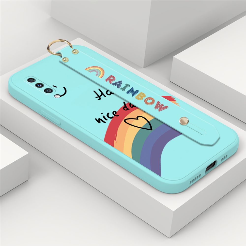 ZeroQiQi for Samsung Galaxy A70 Wrist Strap Case Lovely Graffiti Rainbow Smile Thin Phone Cover Square Edge Liquid Silicone Creativity Phone Case
