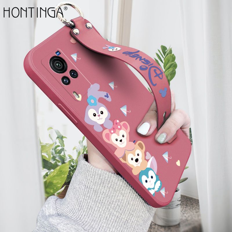 Hontinga for Vivo X60 Pro 5G Wrist Strap Case INS Cute Style Creative Cartoon Rabbit and Fox Cover Thin Square Edge Liquid Silicone Phone Case