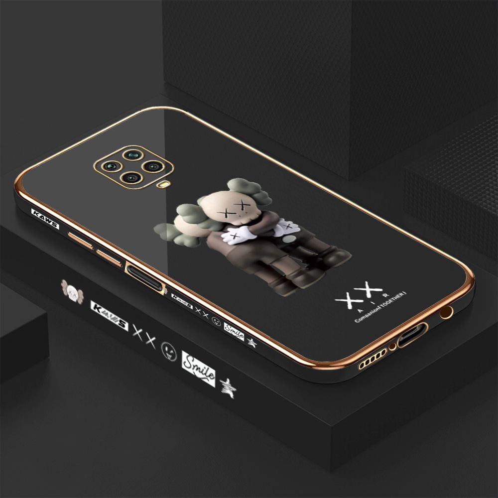 Luxury 6D Plating Case for Xiaomi Redmi Note 9S Cute Cartoon Hugging Bear Side Pattern Back Cover Soft Silicone Square Phone Cases + Free Lanyard