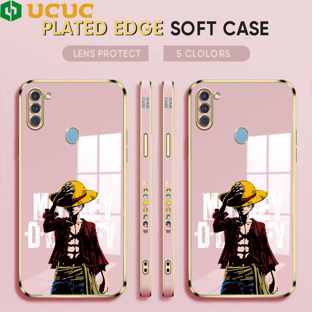 UCUC for Samsung A11 Cover Holding Cap Luffy Luxury 6D Plating Soft Casing Silicone Square Frame Phone Case Shiny Bling Back Cover + Free Lanyard