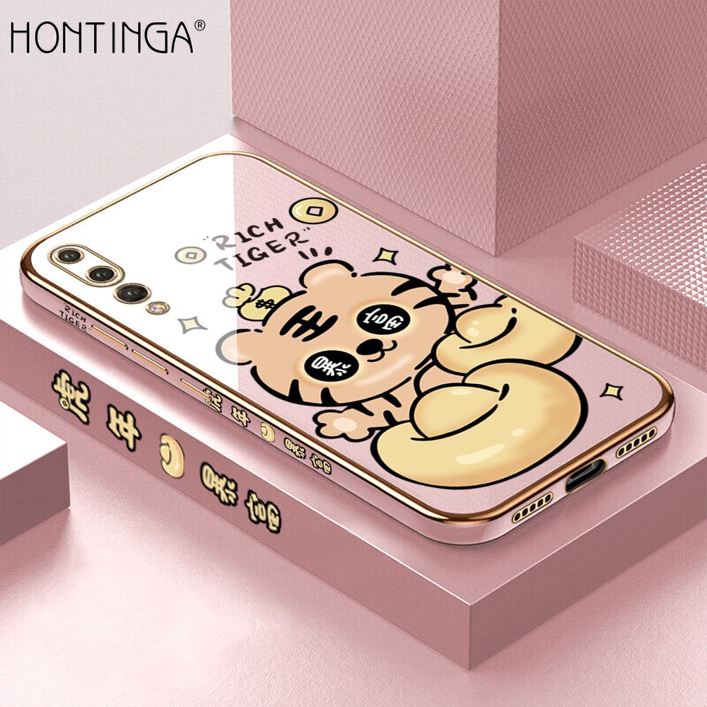 Hontinga for Huawei P20 Pro Back Cover + Free Lanyard Luxury 6D Plating Cartoon Get Rich Tiger Side Pattern Caese Soft Silicone Square Phone Cases