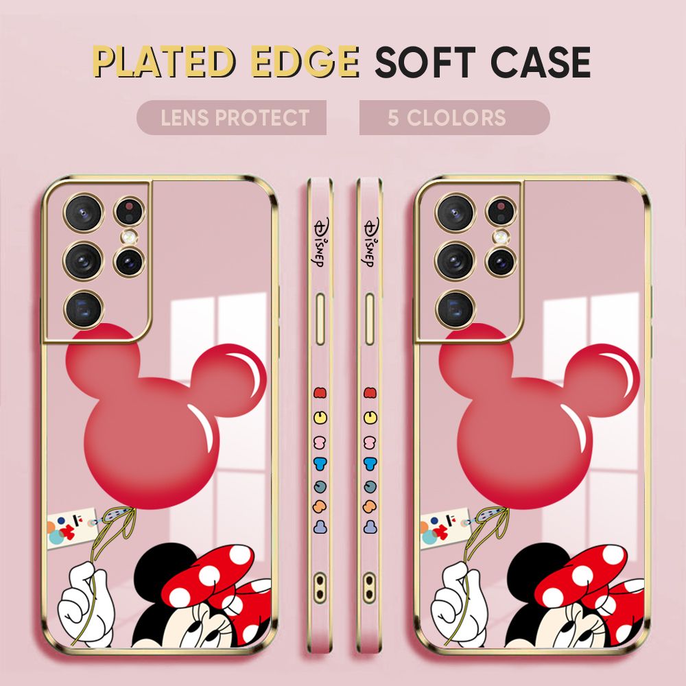 Luxury 6D Plating Case for Samsung S21 Ultra 5G Back Cover Cute Cartoon Balloon Mouse Side Pattern Soft Silicone Square Phone Cases