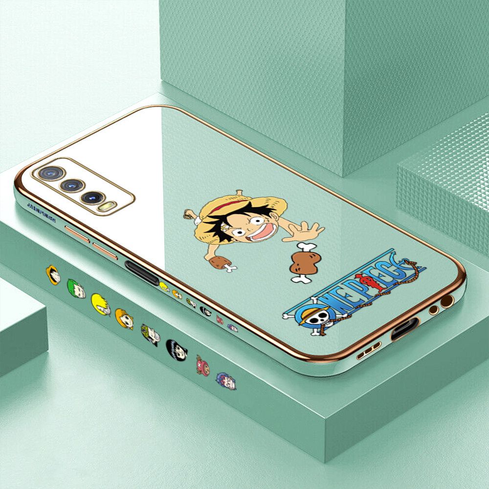 Luxury 6D Plating Case for Vivo Y12S Gluttonous Cartoon Luffy Side Pattern Back Cover Soft Silicone Square Frame Shiny Bling Phone Cases + Free Lanyard