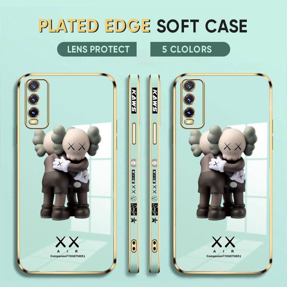 Luxury 6D Plating Case for Vivo Y20S Phone Cases Hug Cartoon Bear Side Print Soft Silicone Square Back Cover