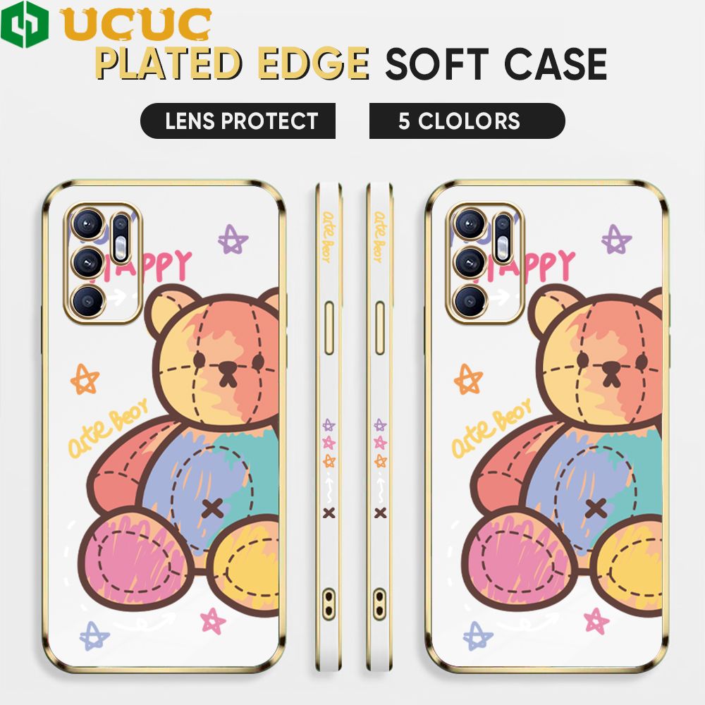 UCUC for OPPO Reno6 Back Cover + Free Lanyard Colorful Muppet Bear Luxury 6D Plating Case Side Pattern Soft Silicone Square Phone Cases