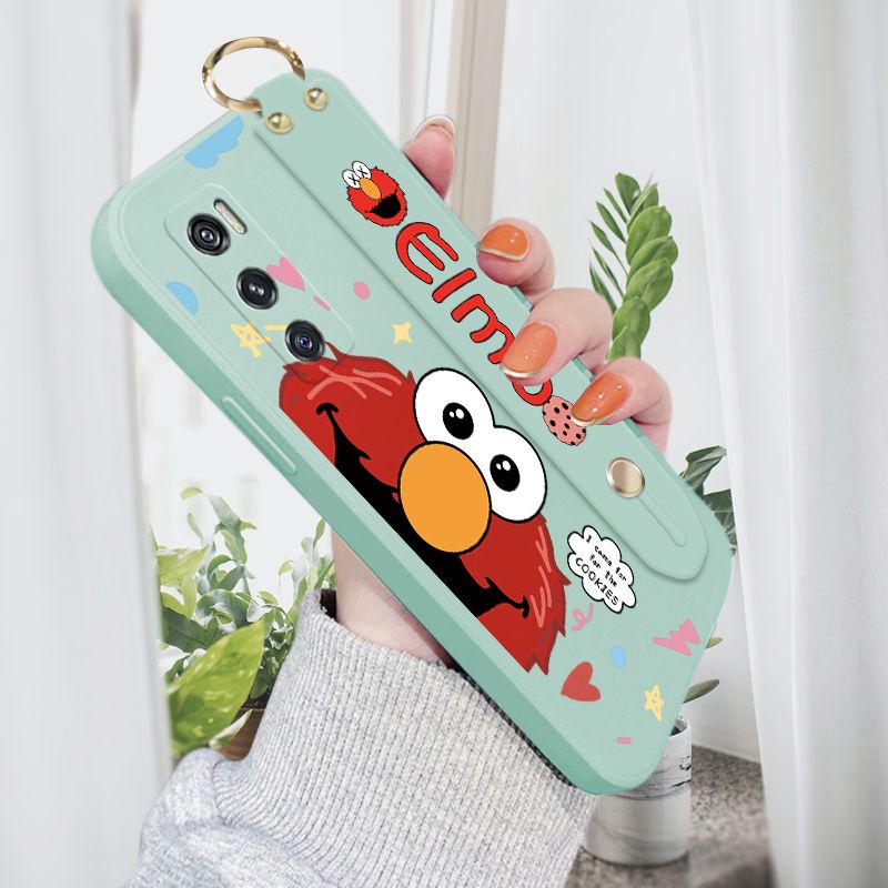 Jizetin for Vivo V20 SE Wrist Strap Case Creative Cartoon Red Haired Monster Cover Ultra Thin Anti Fall Liquid Silicone Phone Case
