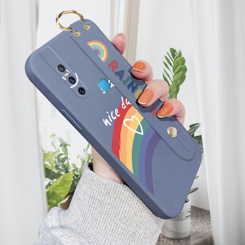 Jizetin for Vivo V15 Wrist Strap Case INS Style Smile Rainbow Cover Ultra Thin Anti Fall Liquid Silicone Phone Case