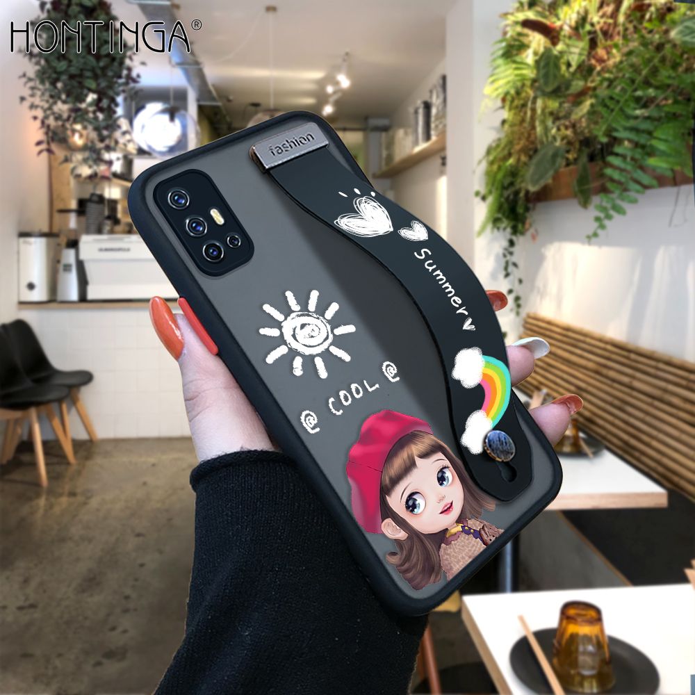Hontinga for Vivo V17 Back Cover With Wristband Cute Red Hood Girl Phone Casee Full Lens Protection Thin Frosted Cases