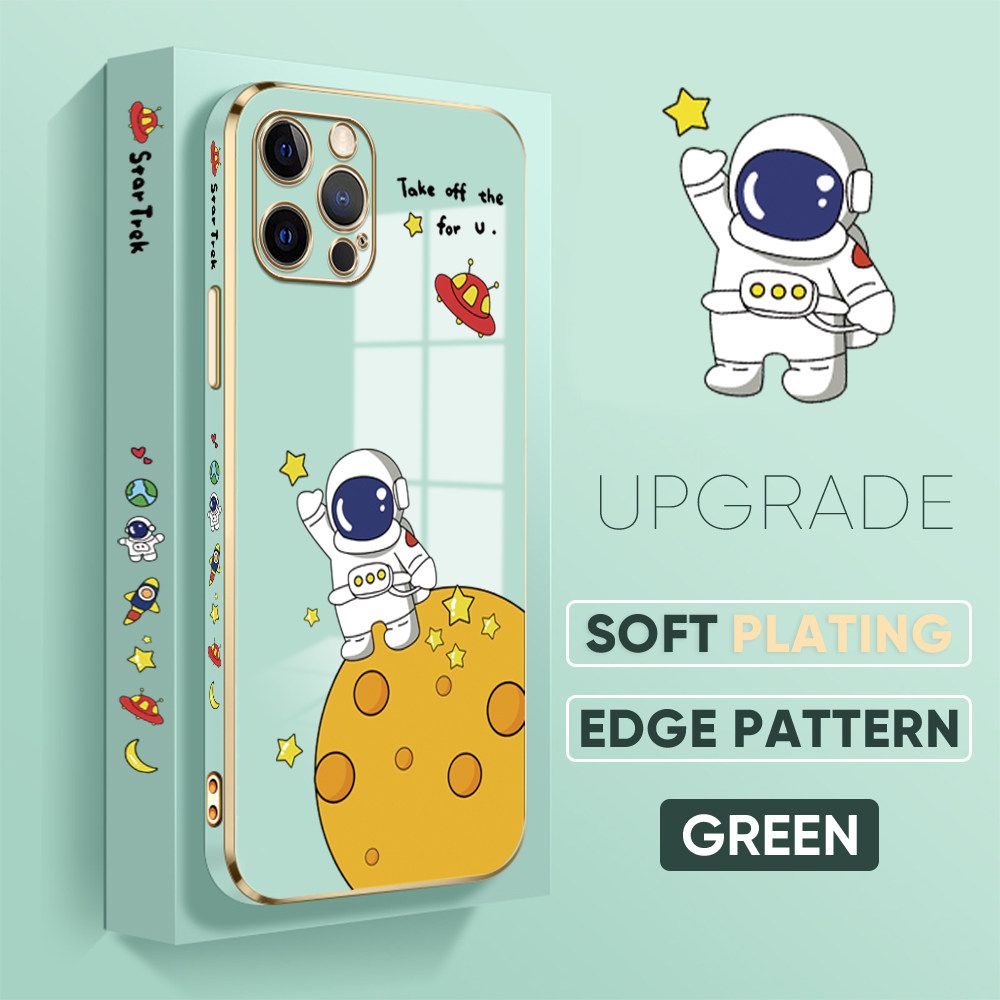 TA for iPhone 12 Pro Back Cover + Free Lanyard Planet Astronaut Luxury 6D Plating Case Side Pattern Soft Silicone Square Phone Cases