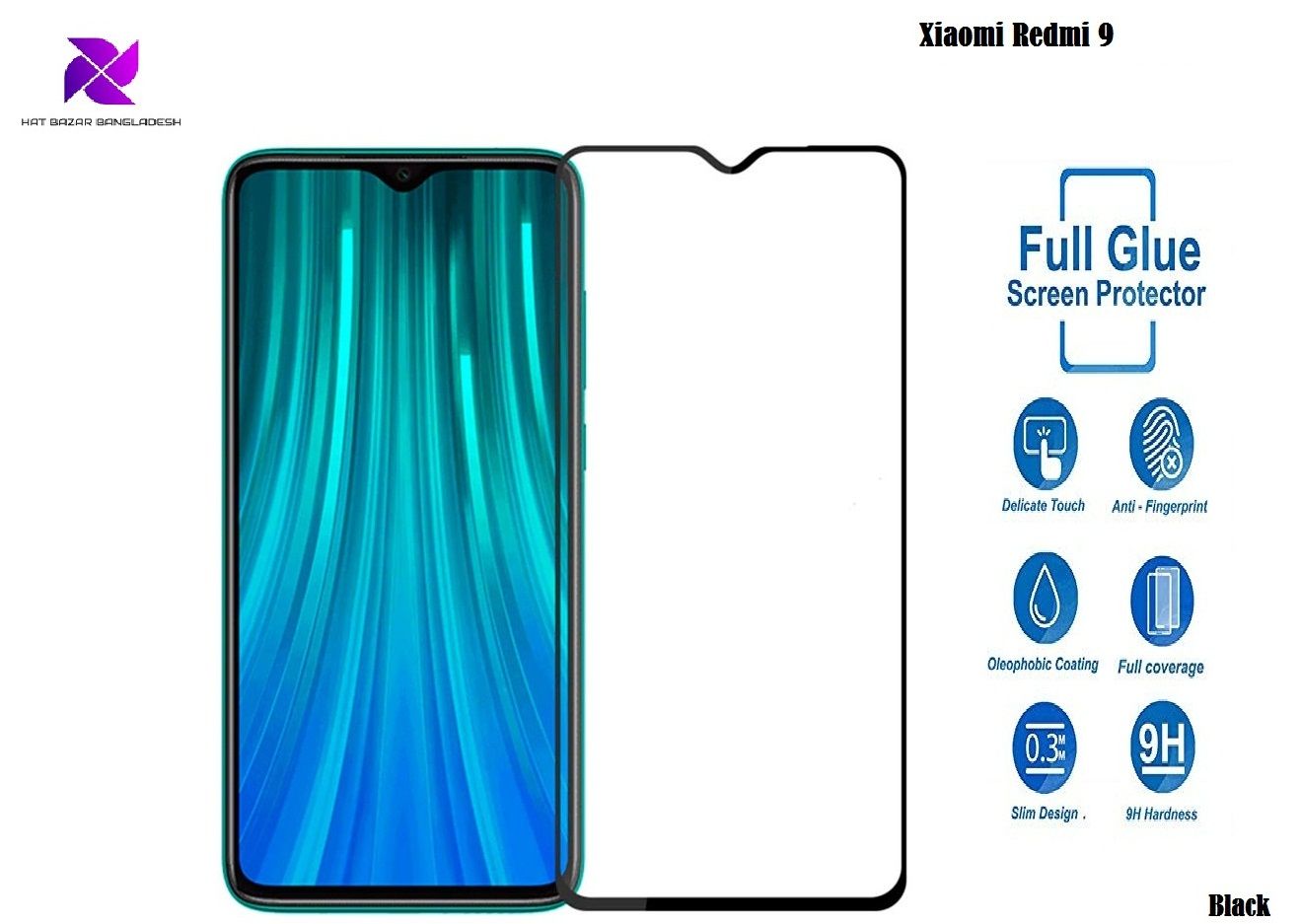 For Xiaomi Redmi 9 Tempered Glass Screen Protector (Front) 6D/9D/11D - Black