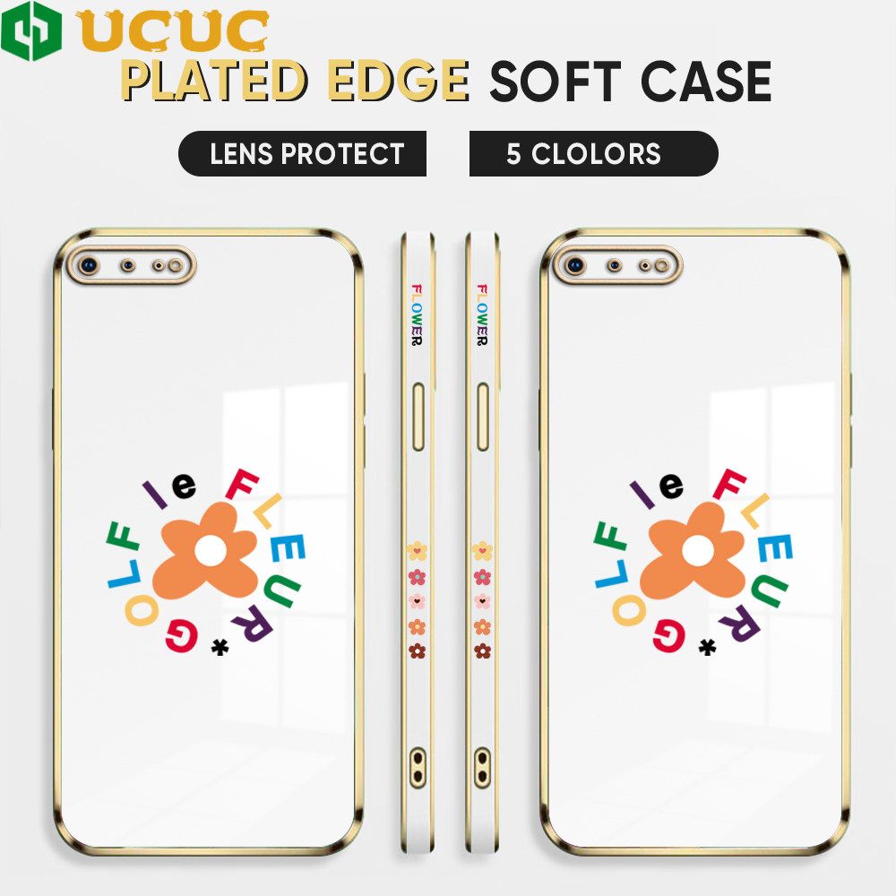 UCUC for iPhone 7 Plus 8 Plus Back Cover + Free Lanyard Colorful Flower Luxury 6D Plating Case Side Pattern Soft Silicone Square Phone Cases