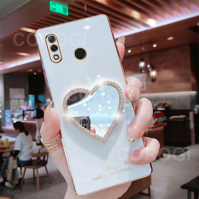 For Huawei Honor 8X Cover with Makeup Mirror Shiny Plating Square Bumper Girls Phone Case Soft TPU Silicone Shockproof Protective Back Cover