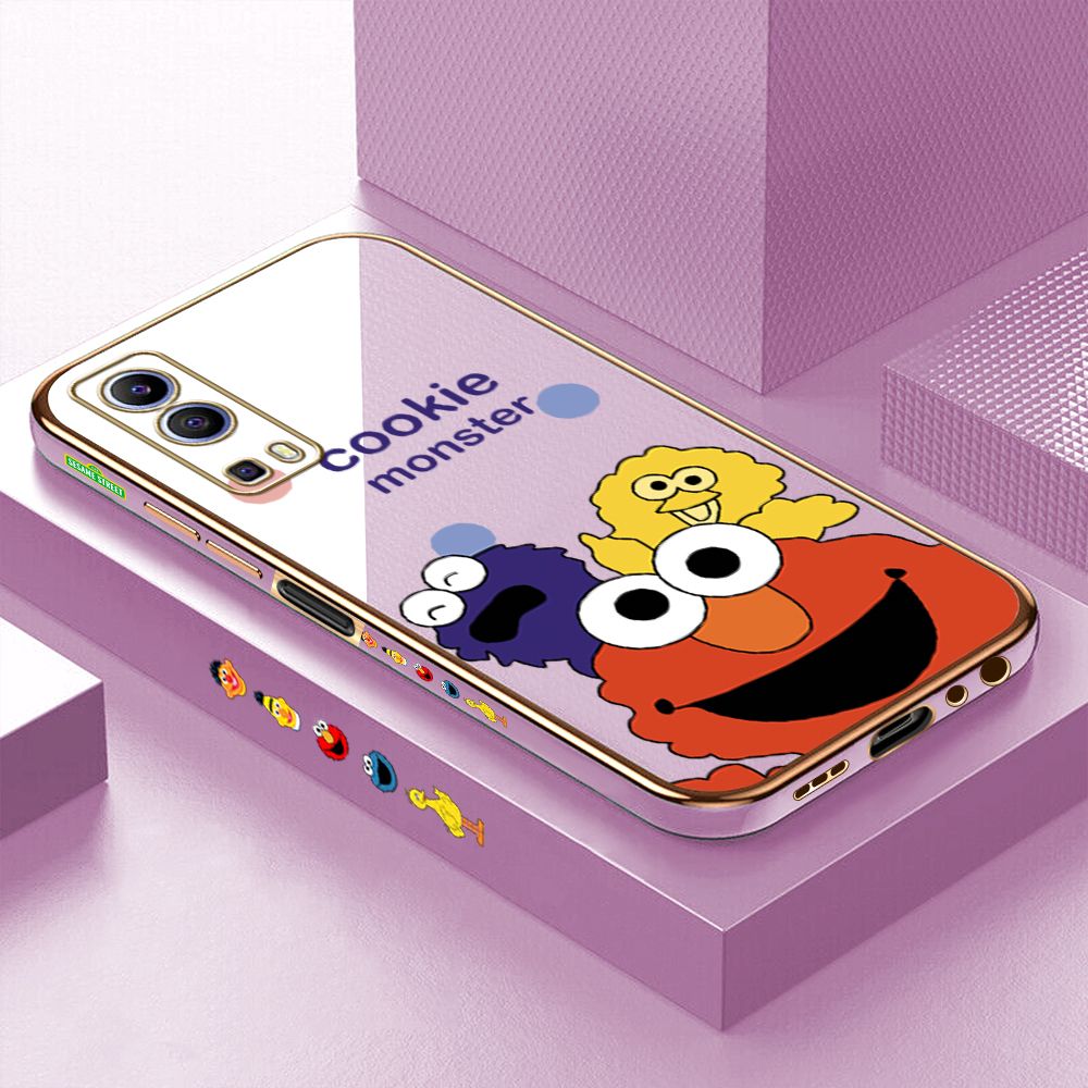 Luxury 6D Plating Case for Vivo Y52 5G Color Cute Cartoon Sesame Monsters Side Pattern Back Cover Soft Silicone Square Frame Shiny Bling Phone Cases + Free Lanyard