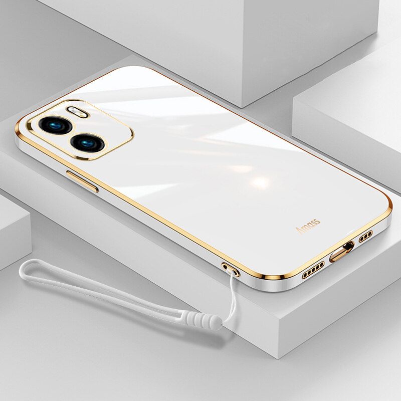 For Vivo Y15s Back Cover + Wrist Strap Luxury Shiny Plating Square Shockproof Bumper Camera Lens Protection Soft TPU Silicone Phone Case