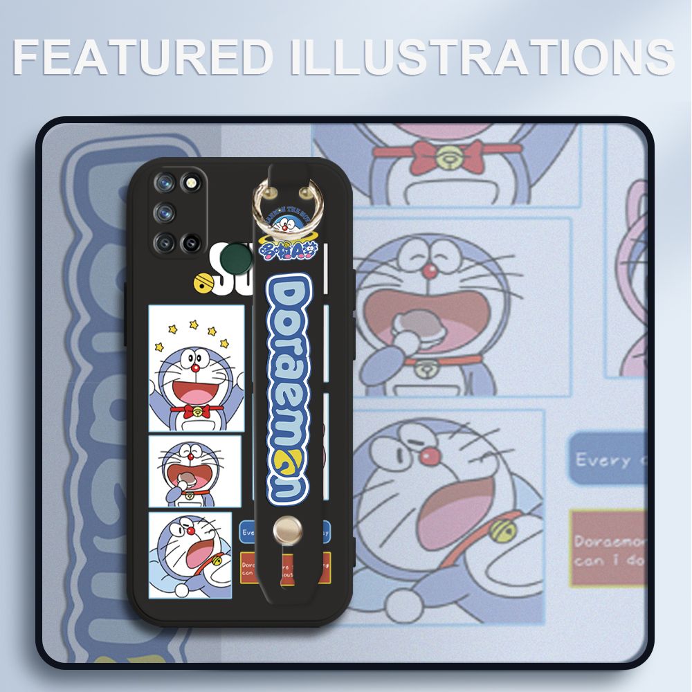 UCUC for Realme 7I Wrist Strap Case Creative Cartoon Doraemon's Daily Life Cover Ultra Thin Anti Fall Liquid Silicone Phone Case