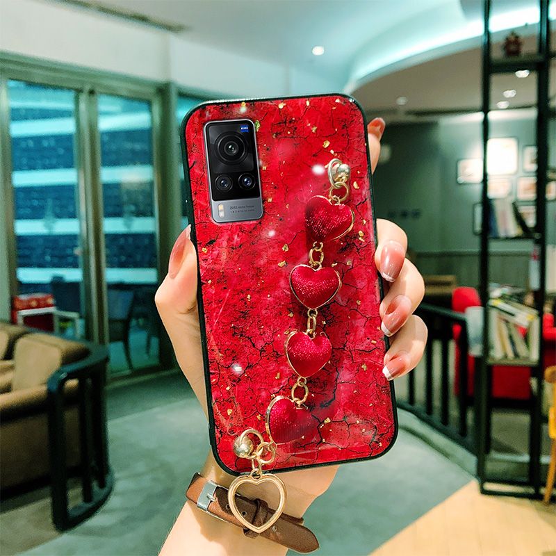 For Vivo X60 Pro Back Cover with Love Heart Wristband Chain Fashion Bracelet Marble Glitter Case Soft Silicone Bumper Protective Mobile Phone Cases