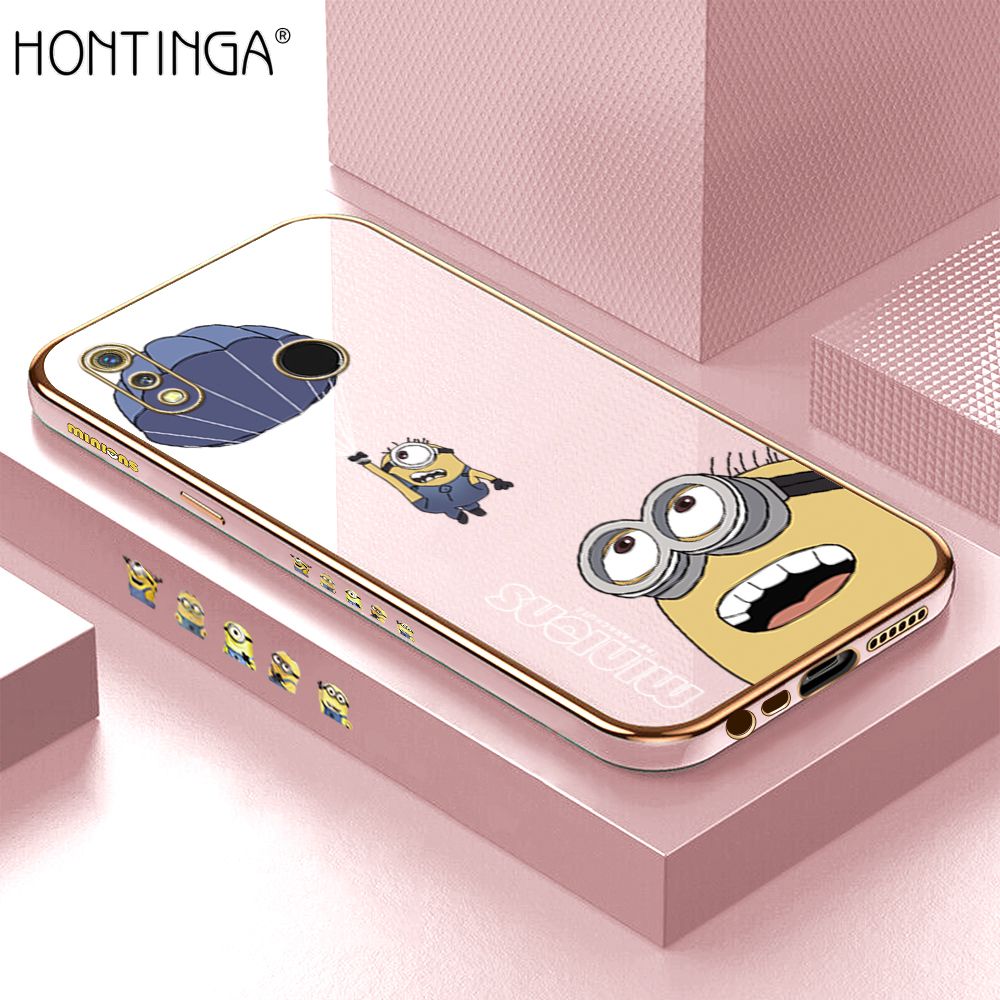 Hontinga for Realme 3 Back Cover + Free Lanyard Luxury 6D Plating Yellow Cartoon Character Pattern Case Soft Silicone Square Phone Cases