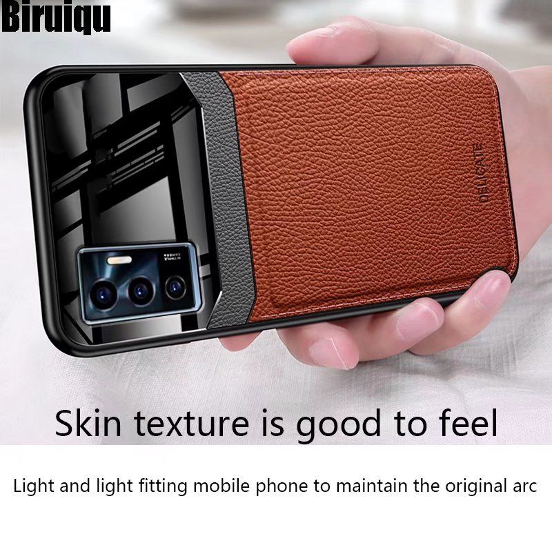Biruiqu For VIVO V23e Hybrid Soft TPU Leather Tempered Glass Shockproof Case Cover