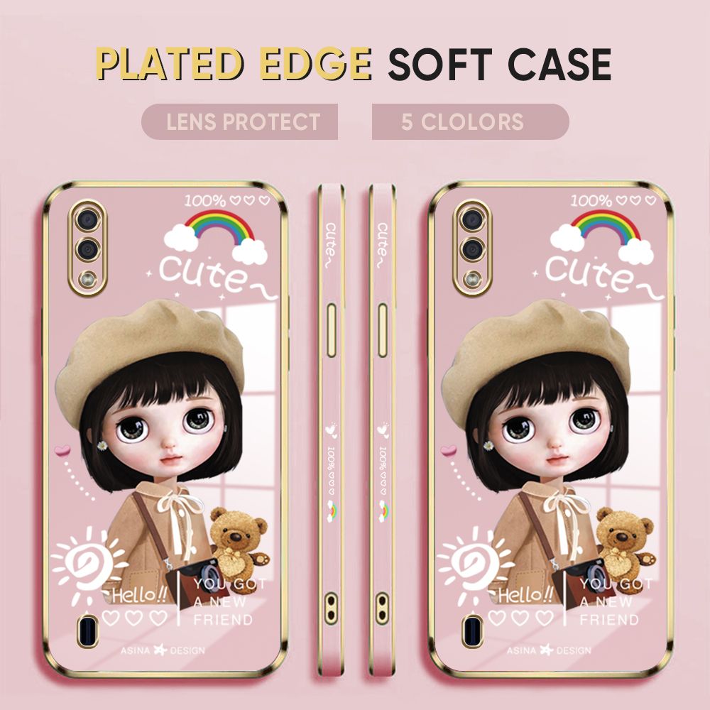 Luxury 6D Plating Case for Samsung Galaxy A01 Back Cover Cute Satchel Girl Side Pattern Soft Silicone Square Phone Cases