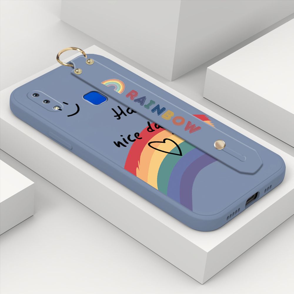 ZeroQiQi for Vivo Y95 Wrist Strap Case Lovely Graffiti Rainbow Smile Thin Phone Cover Square Edge Liquid Silicone Creativity Phone Case