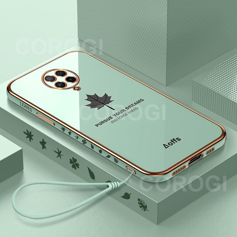 For Xiaomi POCO F2 Pro Cover + Wrist Strap Fashion Shiny Maple leaf Plating Square Bumper Phone Case Soft TPU Silicone Shockproof Protective Back Cover