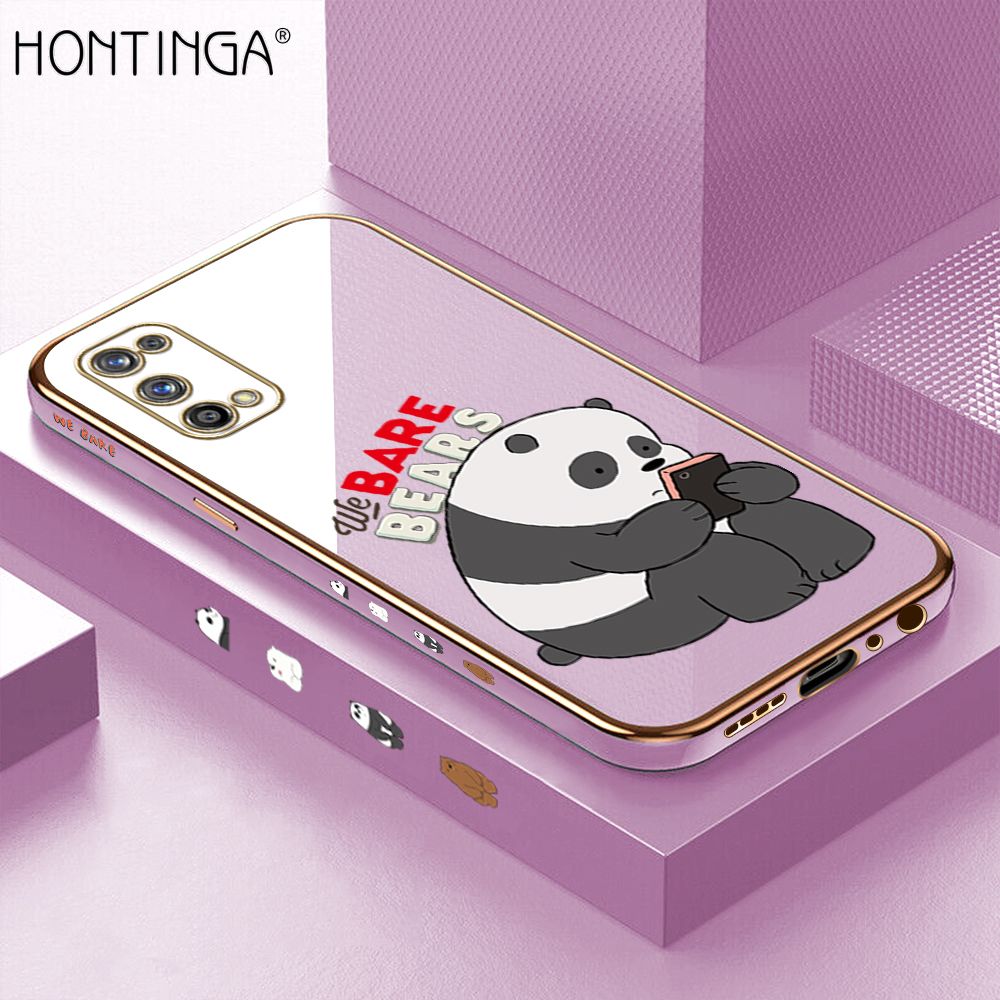 Hontinga for Realme 7 Pro Back Cover + Free Lanyard Luxury 6D Plating Cute Cartoon Panda Side Pattern Case Soft Silicone Square Mobile Cover