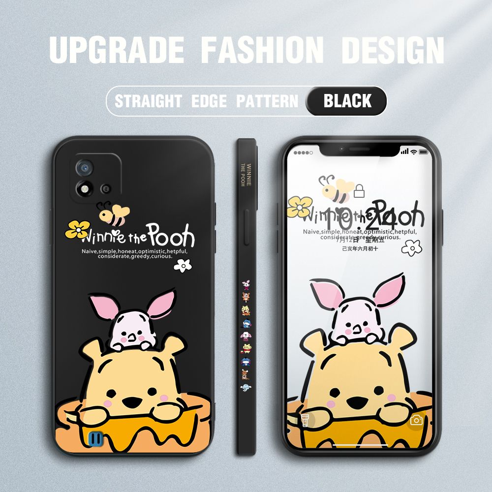 Jizetin for Realme C11 2021 / C20 / C20A Case Side Design Phone Cover Lovely Cartoon Pooh Bear Cover Square Edge Pattern Liquid Silicone Trend Case