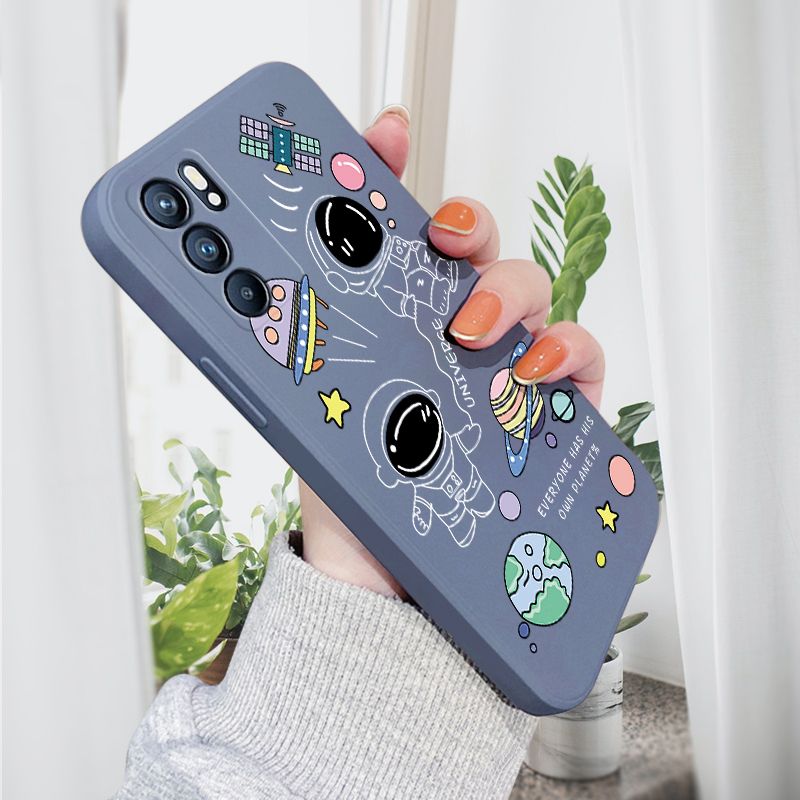 AMORVOR for OPPO Reno6 5G Back Cover Cartoon Cute Astronaut Side design Soft Case Liquid Silicone Phone Cases