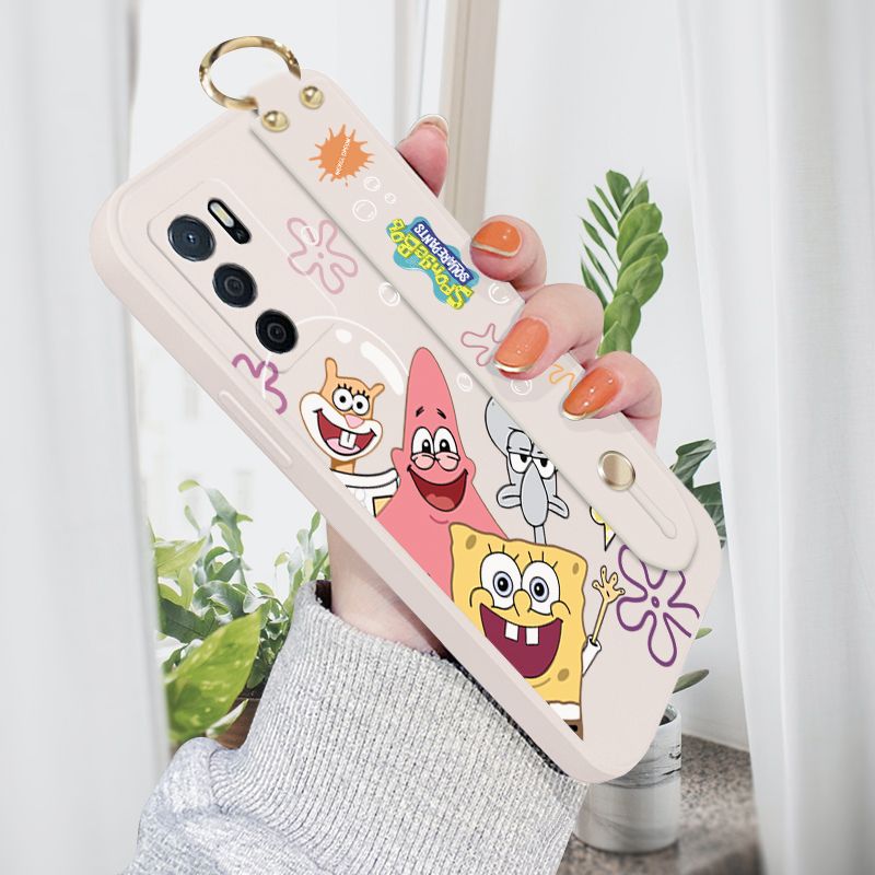 Jizetin for OPPO A16 Wrist Strap Case Funny Cartoon Sea Creatures Cover Ultra Thin Anti Fall Liquid Silicone Phone Case