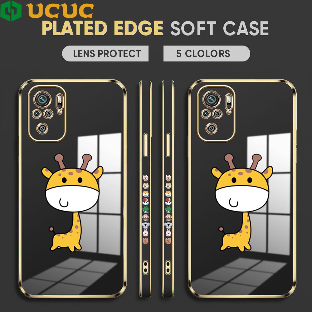 UCUC for Redmi Note 10S / Redmi Note 10 Back Cover + Free Lanyard Big Head Giraffe Luxury 6D Plating Case Side Pattern Soft Silicone Square Phone Cases
