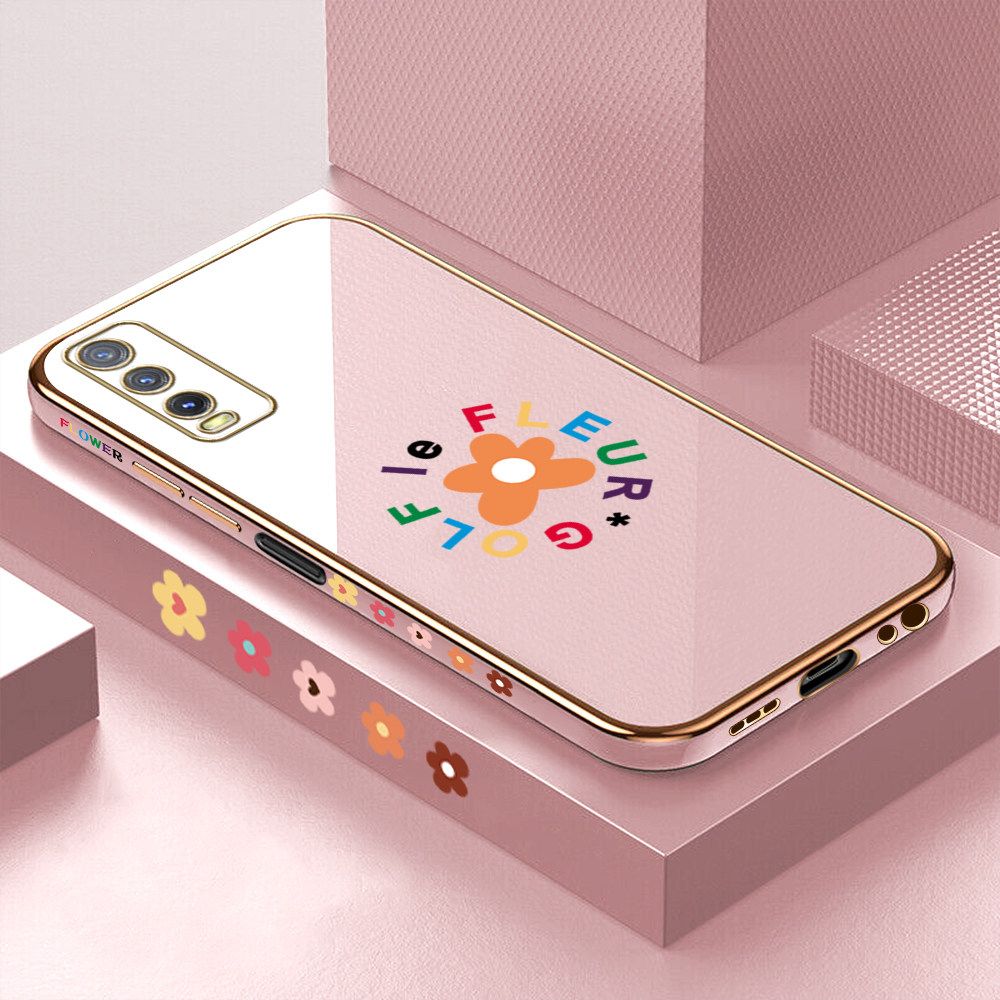 Luxury 6D Plating Case for Vivo Y20SG Cartoon Flower Side Pattern Back Cover Soft Silicone Square Frame Shiny Bling Phone Cases + Free Lanyard
