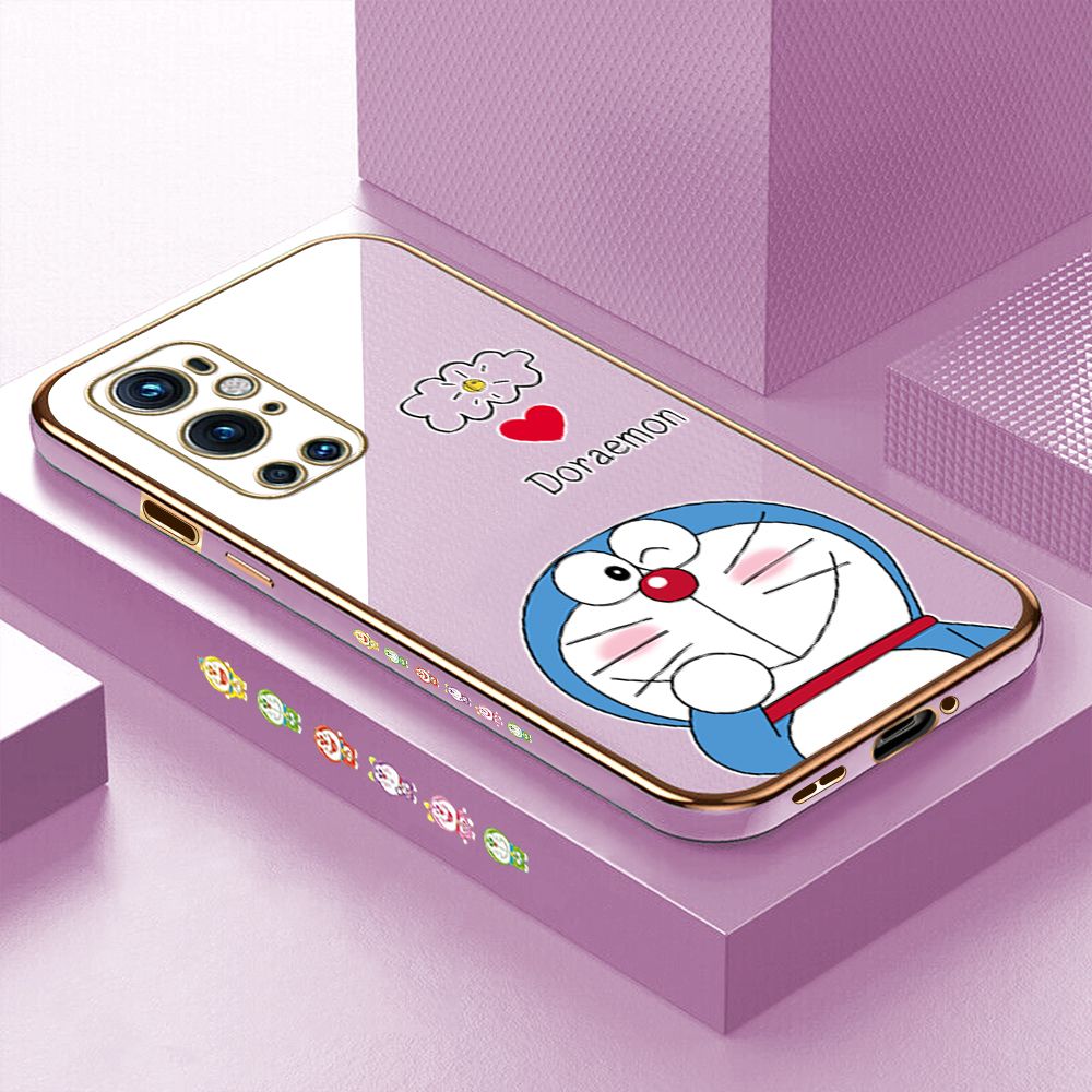 Luxury 6D Plating Case for OnePlus 9 Pro Cartoon Giggle Meow Side Pattern Back Cover Soft Silicone Square Phone Cases + Free Lanyard