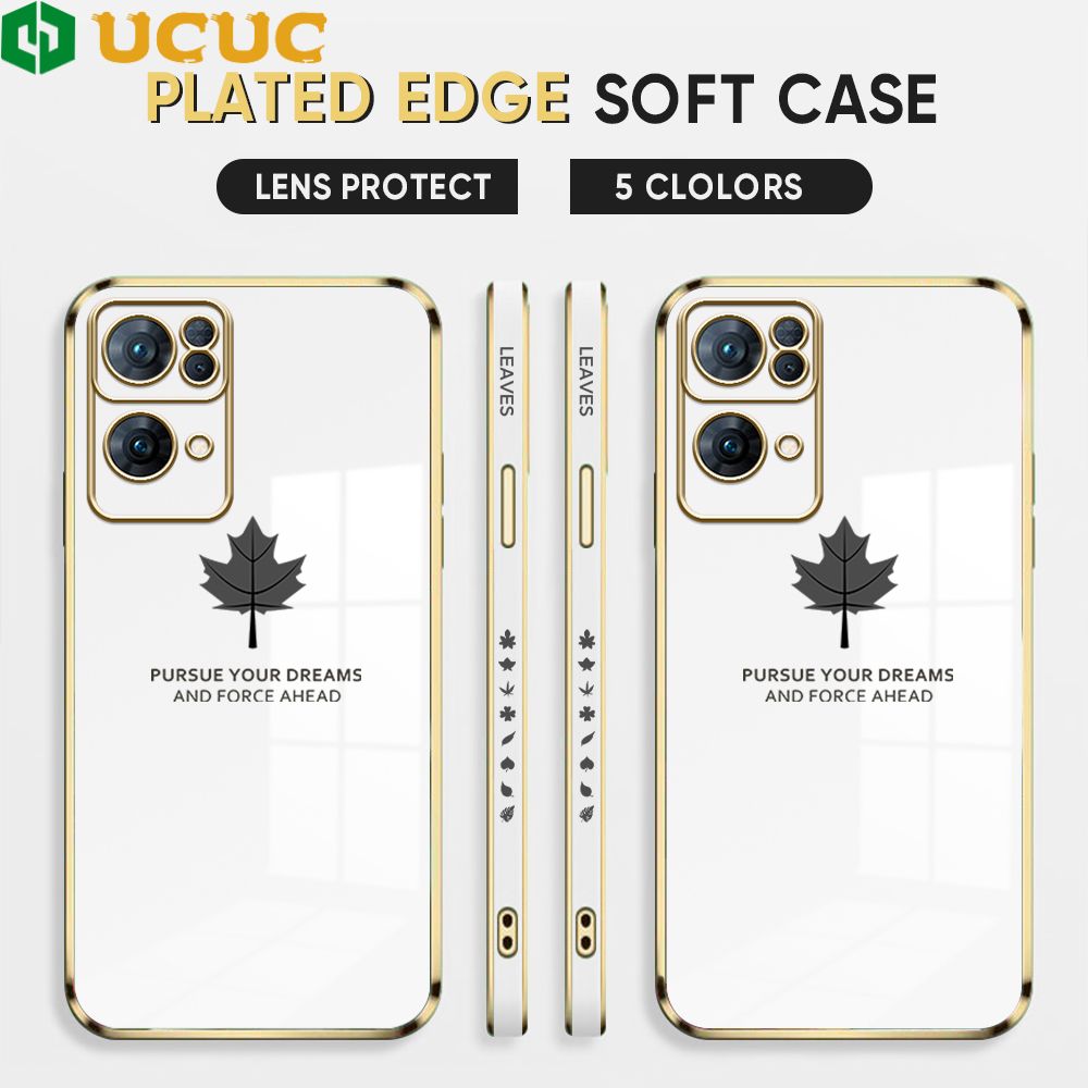 UCUC for OPPO Reno7 Pro 5G Back Cover + Free Lanyard Maple Leaf Luxury 6D Plating Case Side Pattern Soft Silicone Square Phone Cases