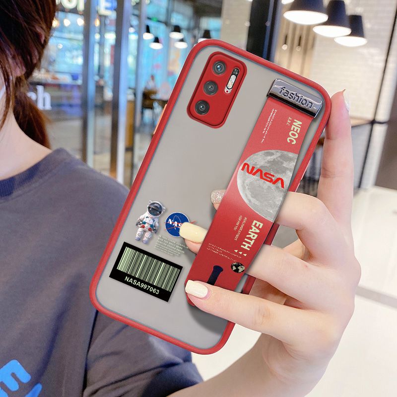 UCUC for Xiaomi Redmi Note 10 5G Wrist Strap Case Creative Cartoon Astronaut Wristband Printing Cover Shockproof Frosted Phone Case