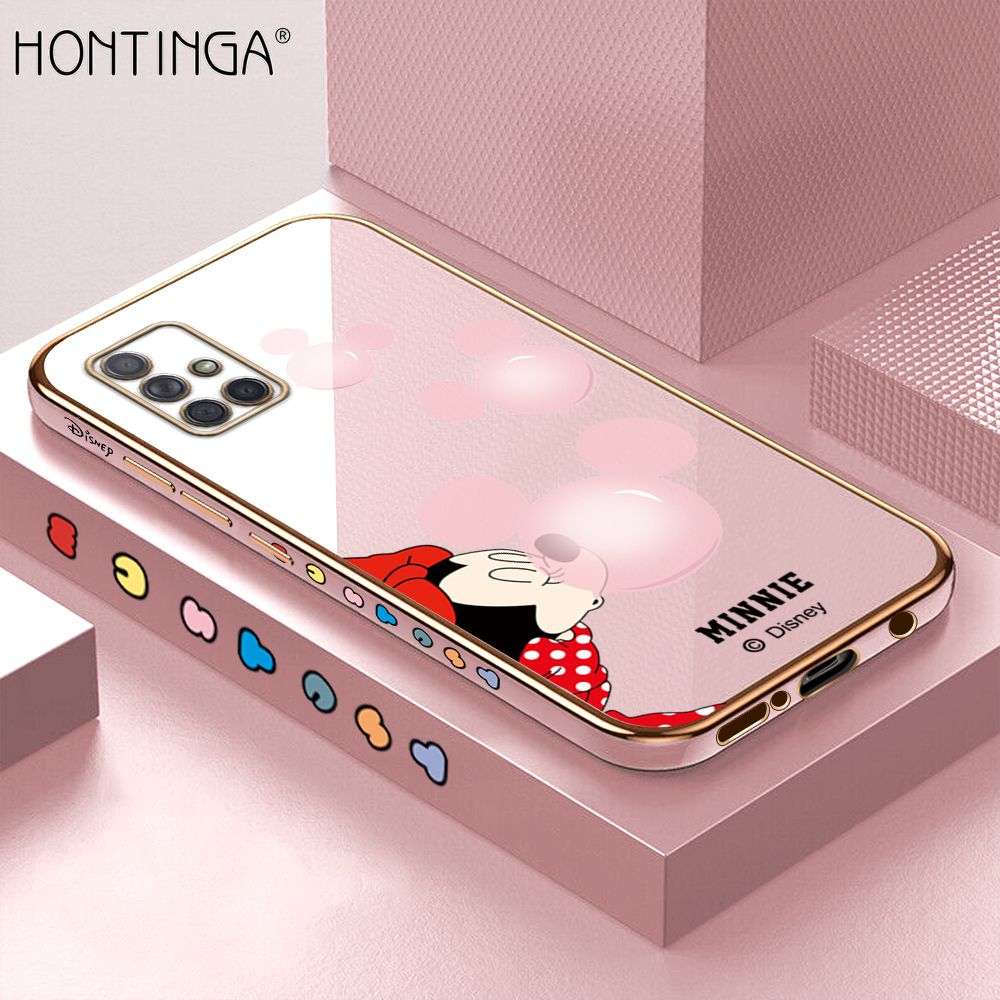 Hontinga for Samsung A71 4G Back Cover + Free Lanyard Luxury 6D Plating Cartoon Bubble Mouse Side Pattern Case Soft Silicone Square Mobile Cover