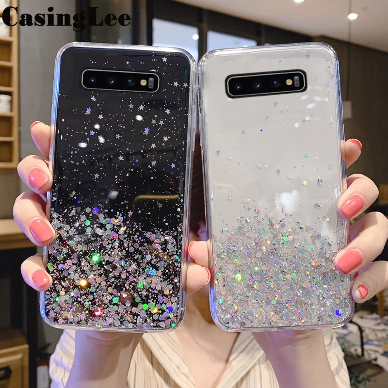 Casinglee For Samsung Galaxy S10 case Full Stars Moon Glitter Bling Sequins Cases for Samsung S10 Phone Cover Starry Sky Transparent Soft Back Cover