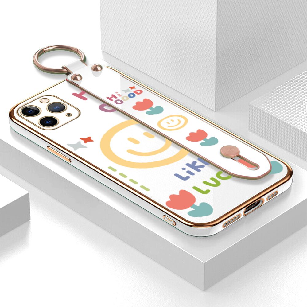 ZeroQiQi for iPhone 11 Pro Wrist Strap Back Cover Flower Smiley Fashion Luxury 6D Plating Soft Casing Silicone Square Frame Phone Case