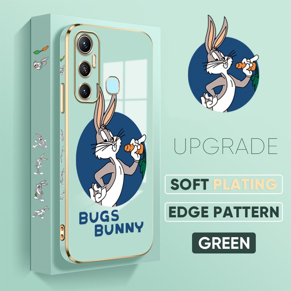 Jizetin (Free Lanyard) Infinix Hot 11 Back Cover Anime Rabbit Luxury 6D Plating Case Side Pattern Soft Silicone Square Mobile Phone Cases