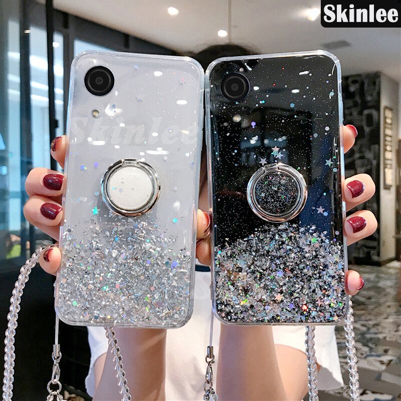 Phone Case for Samsung Galaxy A03 Core Glitter Starry Sky Bling Ring Lanyard Shiny Soft Cases for Samsung A03 Core Transparent Holder Stand Back Cover Stars Girls