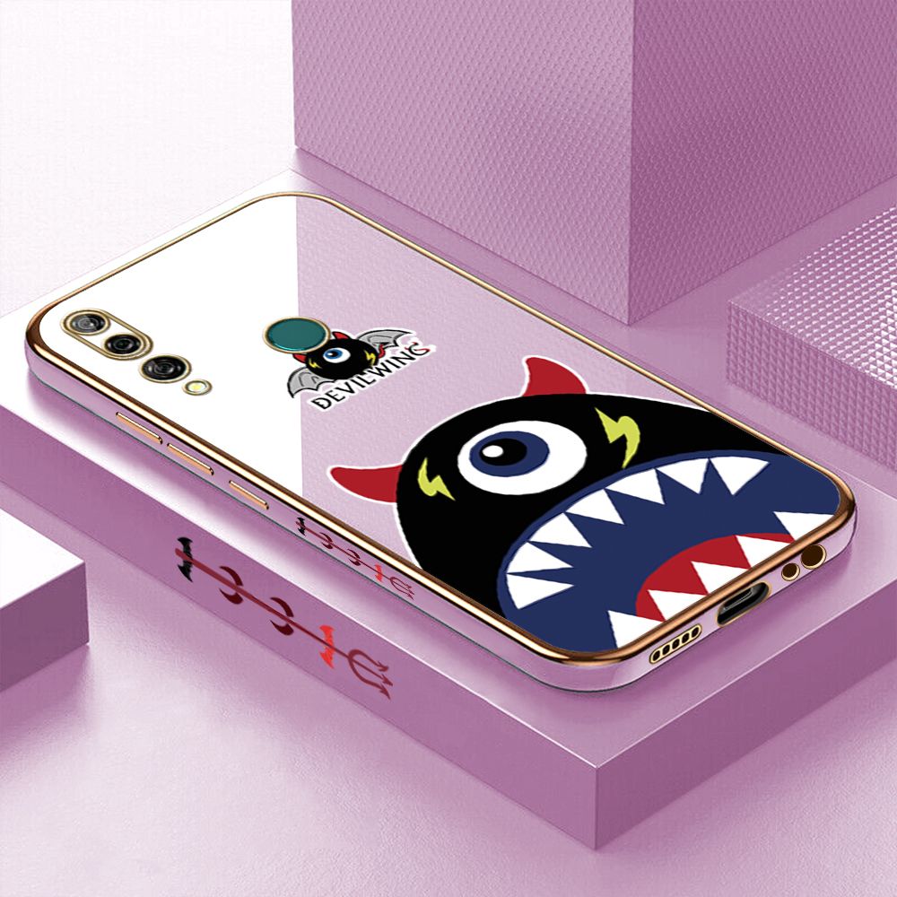 Luxury 6D Plating Case for Huawei Y9 Prime 2019 Cartoon One-eyed Devil Wing Side Pattern Back Cover Soft Silicone Square Frame Shiny Bling Phone Cases + Free Lanyard