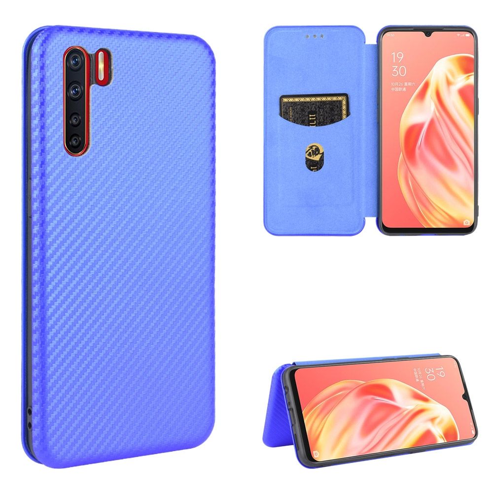 (Ready Stock)For OPPO A91 / F15 Reno3(Southeast Asia Version) Carbon Fiber Texture Magnetic Horizontal Flip TPU + PC + PU Leather Case with Card Slot(Blue)