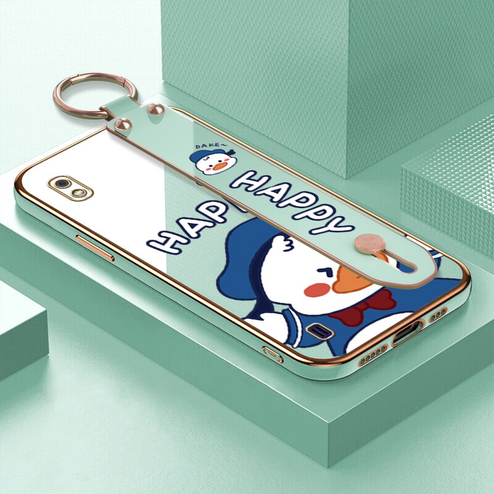 TA for Samsung A10 Wrist Strap Back Cover Cute Duck Fashion Luxury 6D Plating Soft Casing Silicone Square Frame Phone Case