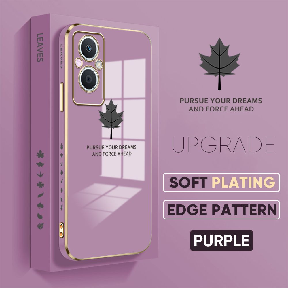 Jizetin (Free Lanyard) OPPO Reno7 Z 5G Back Cover Maple Leaf Luxury 6D Plating Case Side Pattern Soft Silicone Square Phone Cases
